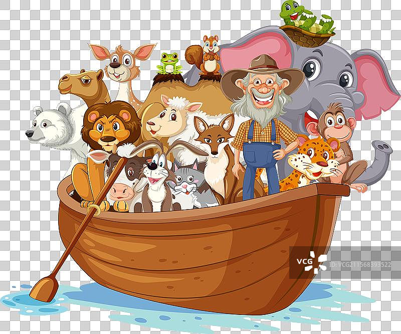 男人和各种动物一起在船上图片素材