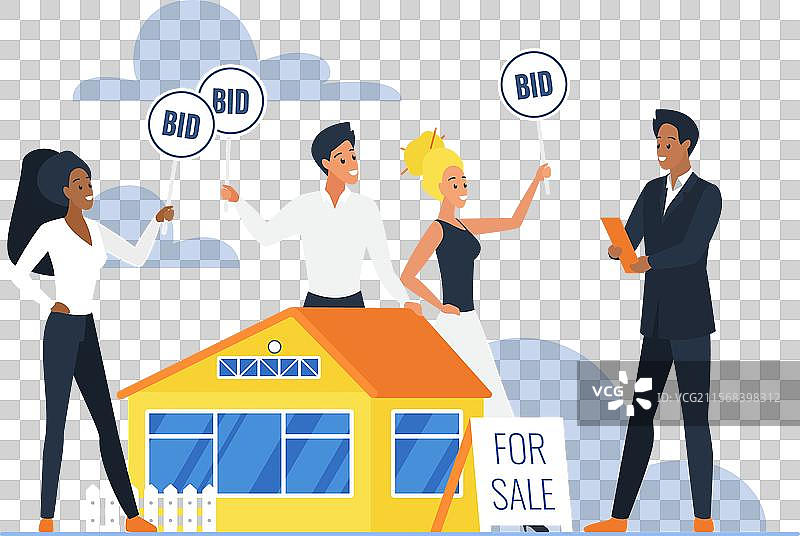 拍卖中出售的房屋，竞争者进行竞标图片素材
