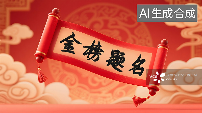 【AI数字艺术】红色卷轴上写的金榜题名图片素材