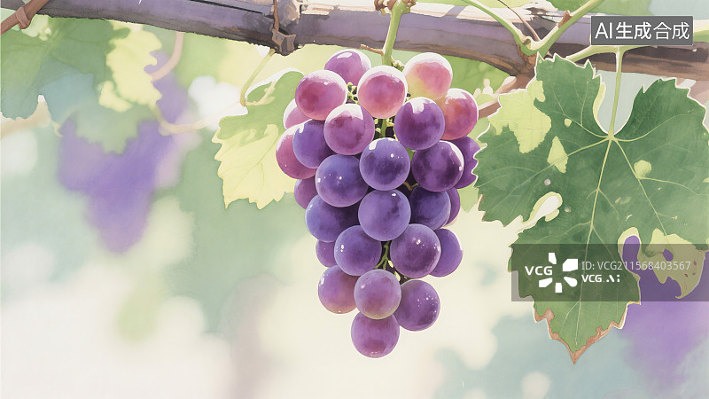 【AI数字艺术】一串紫色葡萄挂在藤上，周围有绿色的叶子，背景模糊柔和图片素材