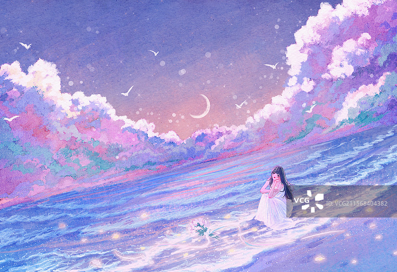 少女一人在海边思绪飘向天空图片素材