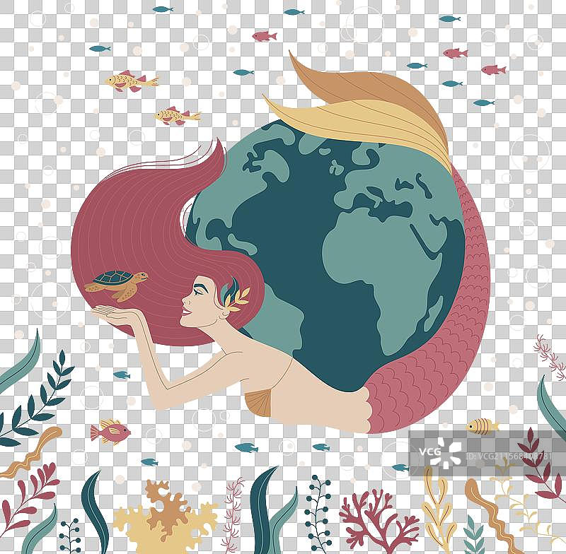 一位平面艺术风格的美人鱼与地球图片素材