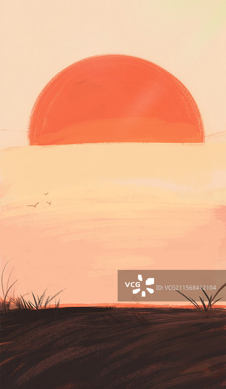 手绘风景夕阳背景插画图片素材