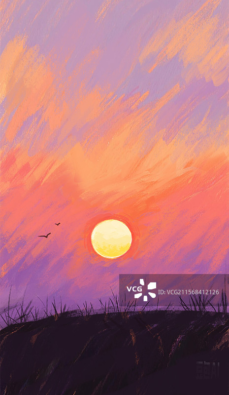 手绘风景夕阳紫色背景插画图片素材