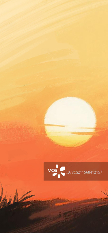 手绘风景夕阳草丛背景插画图片素材