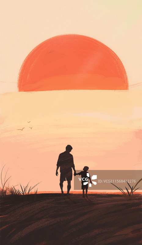 手绘风景夕阳父子互动牵手有爱父亲节背景插画图片素材