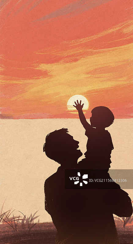手绘风景夕阳父子抱孩子有爱父亲节背景插画图片素材