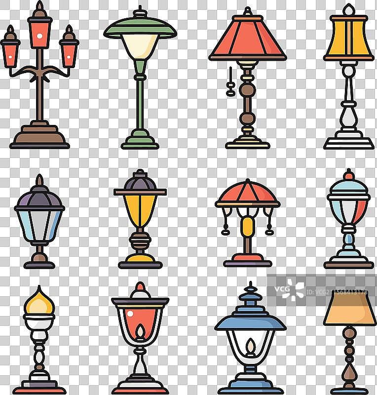 街道上色彩缤纷的灯具图标集合图片素材