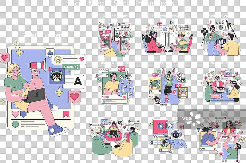 社交媒体影响者扁平化设计图片素材