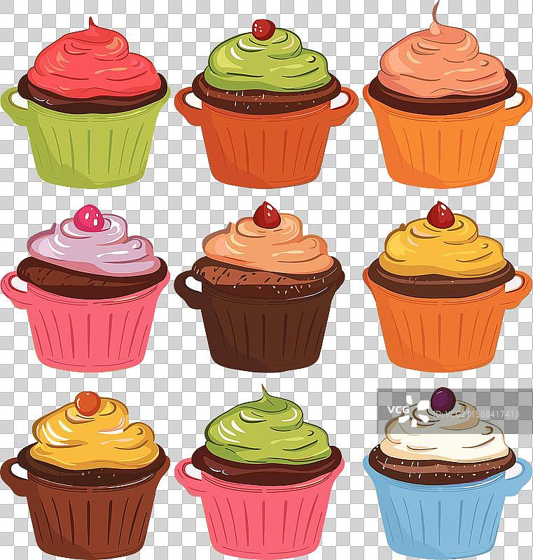 各种配料的彩色杯子蛋糕合集图片素材