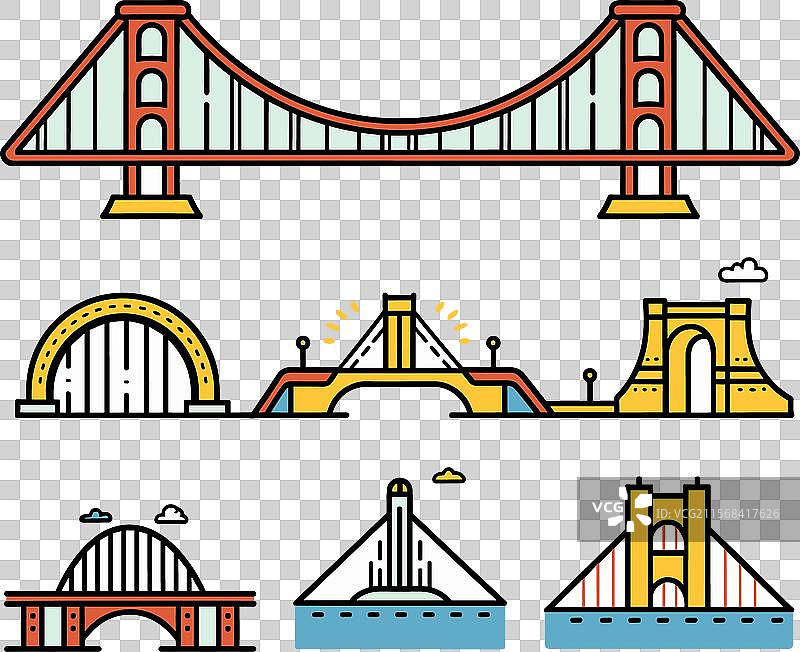 彩色桥梁图标集合，孤立在白色背景上图片素材