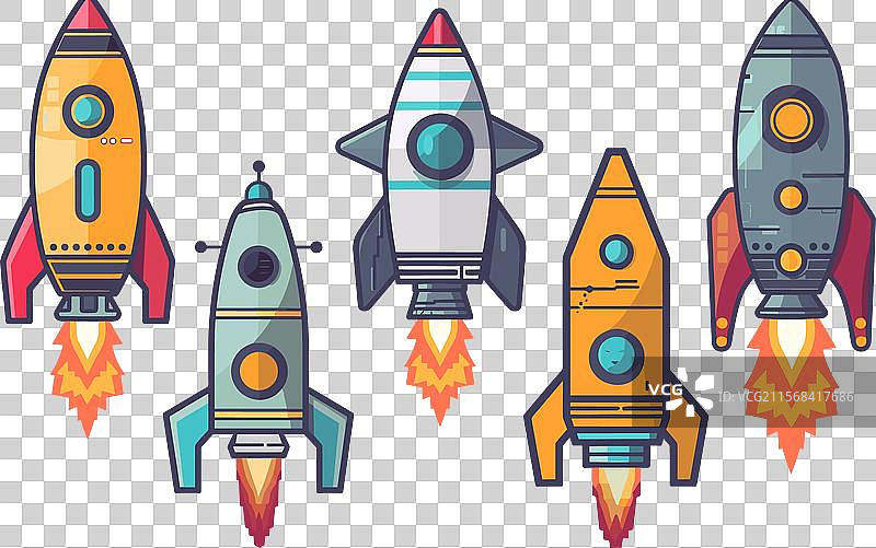 五个卡通火箭，色彩缤纷的设计和火焰图片素材