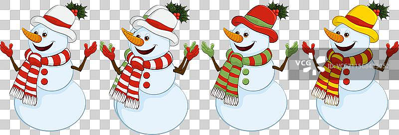 四个戴着帽子和围巾的快乐雪人图片素材
