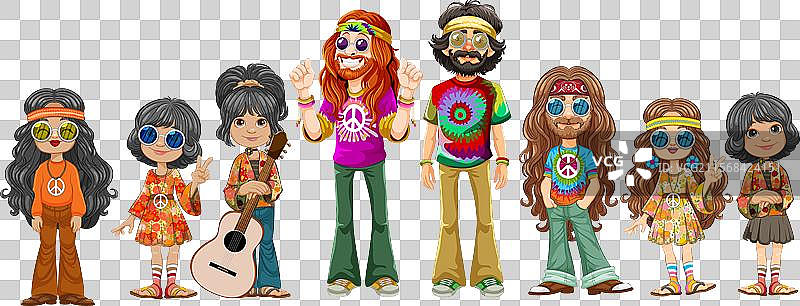 一群充满活力的嬉皮士角色图片素材