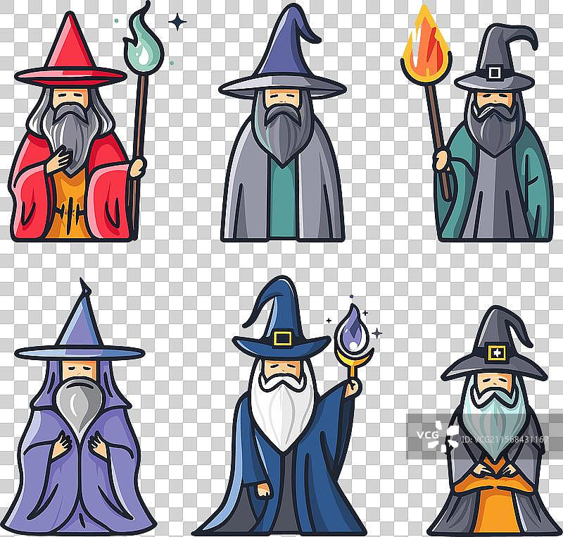 六位穿着色彩斑斓长袍和帽子的卡通巫师，充满魔力图片素材