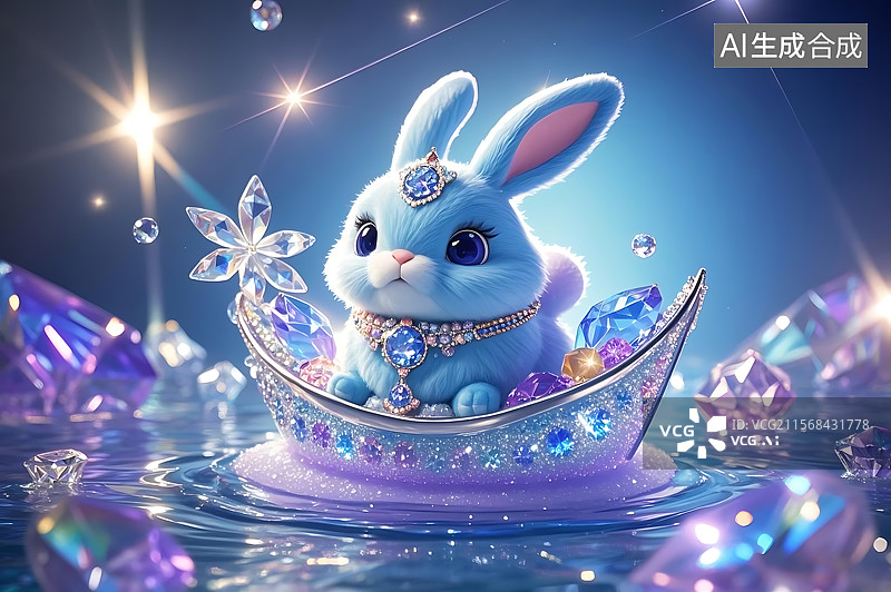 【AI数字艺术】梦幻蓝兔水晶船图片素材