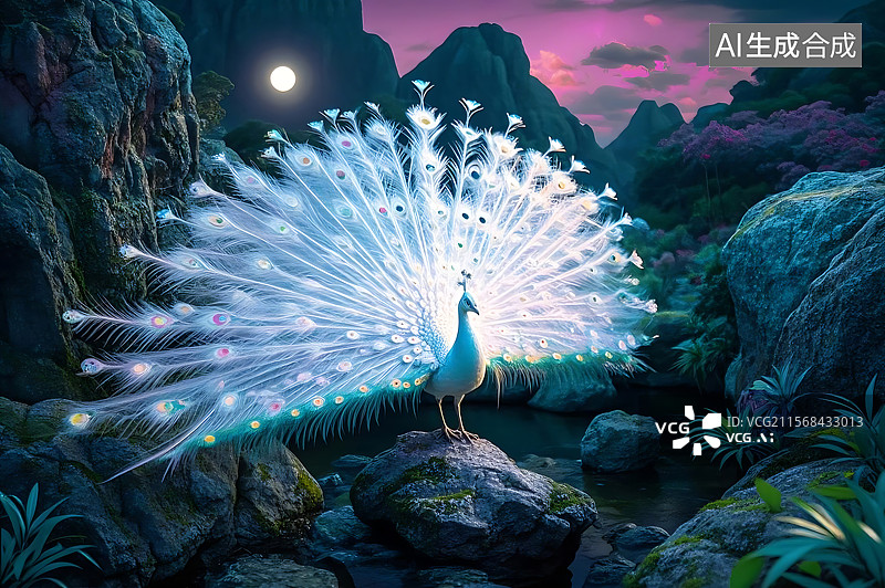 【AI数字艺术】月光下的白孔雀图片素材