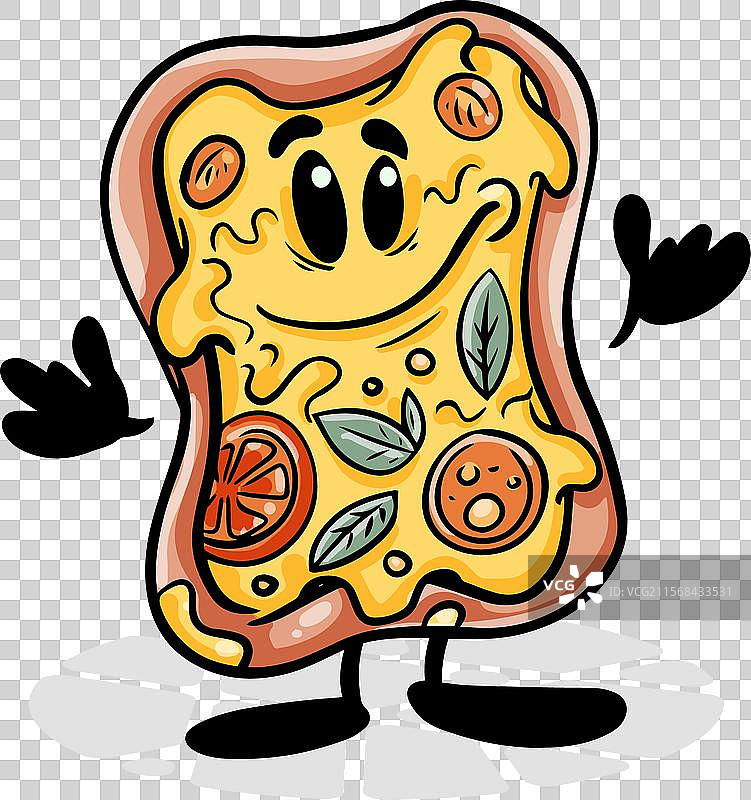 搞笑的卡通披萨角色，背景为单色图片素材