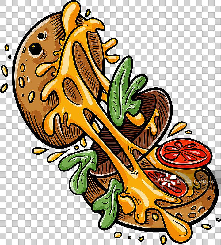 手绘卡通汉堡与飞舞的配料图片素材