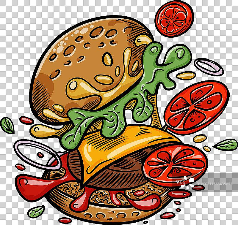 手绘卡通汉堡与飞舞的配料图片素材