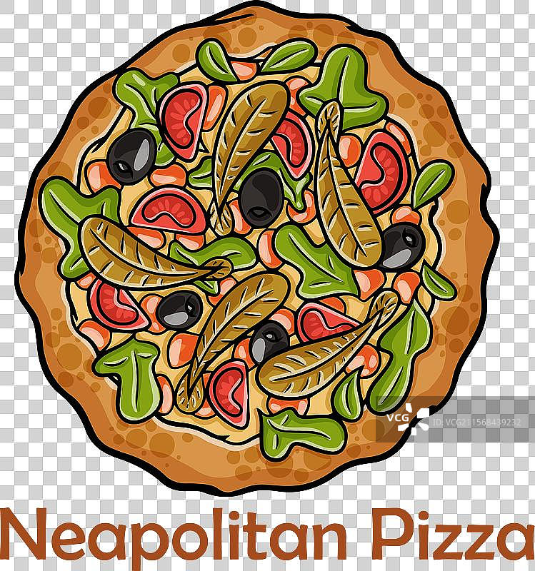 凯撒披萨配鸡肉、凤尾鱼和罗马生菜图片素材