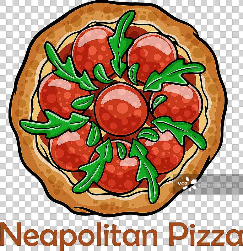 萨拉米香肠披萨，甜椒，芝麻菜，卡拉马塔橄榄酱图片素材