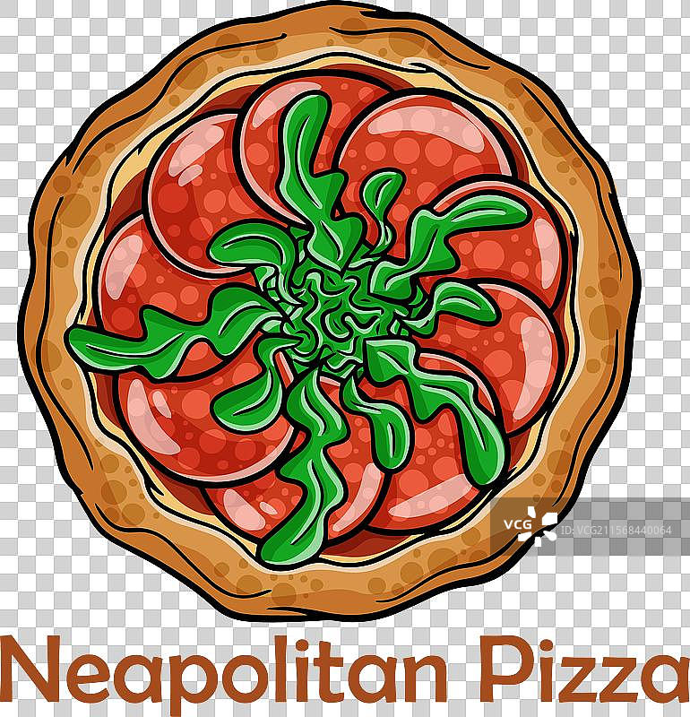 萨拉米香肠披萨，甜椒，芝麻菜，卡拉马塔橄榄酱图片素材