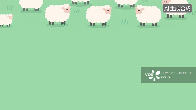 【AI数字艺术】2D卡通居上背景趣味扁平元素，草原草地牧场绵羊小羊羔羊群吃草牧羊放羊儿童绘本文学杂志产品包装角图花边图片素材