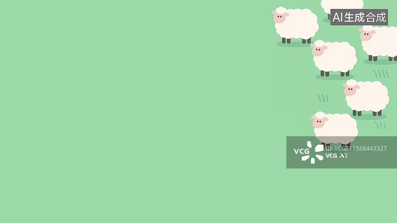 【AI数字艺术】2D卡通右上背景趣味扁平元素，草原草地牧场绵羊小羊羔羊群吃草牧羊放羊儿童绘本文学杂志产品包装角图花边图片素材