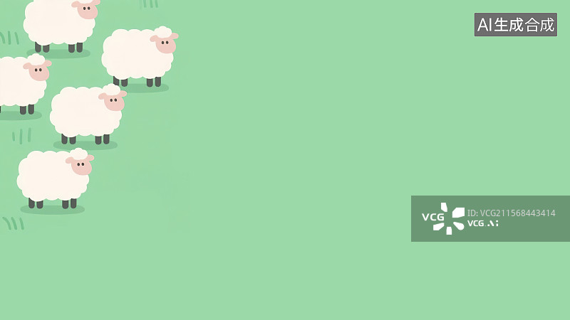 【AI数字艺术】2D卡通左上背景趣味扁平元素，草原草地牧场绵羊小羊羔羊群吃草牧羊放羊儿童绘本文学杂志产品包装角图花边图片素材