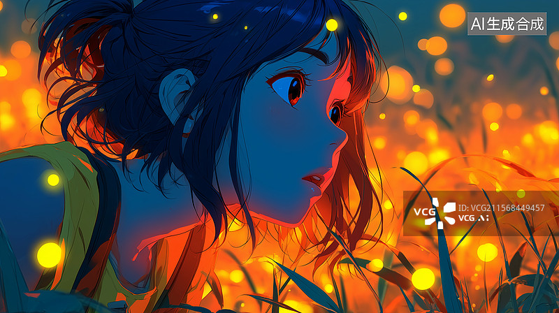 【AI数字艺术】捉萤火虫的动漫女孩图片素材