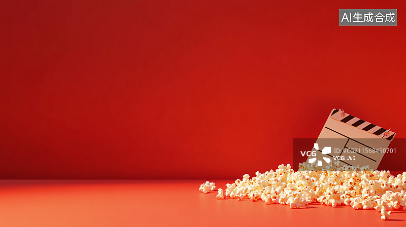 【AI数字艺术】红色背景上的爆米花，象征着电影工业、票房成功和电影的兴奋。干净的背景和留白突出了娱乐概念，非常适合用图片素材