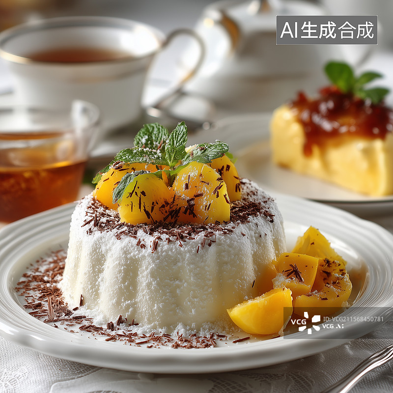 【AI数字艺术】餐桌上摆满布丁甜点的特写镜头图片素材