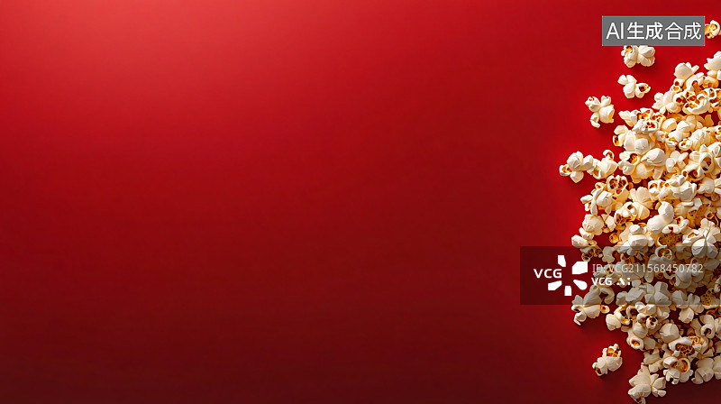 【AI数字艺术】红色背景上的爆米花，象征着电影工业、票房成功和电影的兴奋。干净的背景和留白突出了娱乐概念，非常适合用图片素材