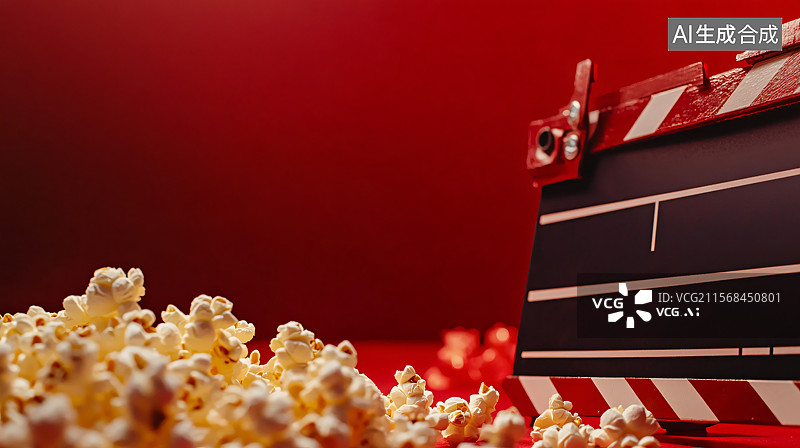 【AI数字艺术】红色背景上的爆米花，象征着电影工业、票房成功和电影的兴奋。干净的背景和留白突出了娱乐概念，非常适合用图片素材