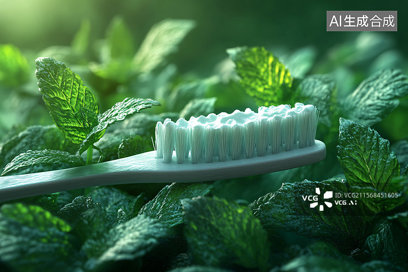 【AI数字艺术】薄荷叶、牙膏和牙刷，代表口腔卫生和清新口气的必需品，完美为一天带来清洁和清新的开始。图片素材