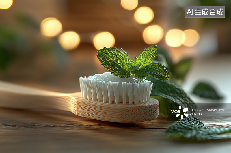 【AI数字艺术】薄荷叶、牙膏和牙刷，代表口腔卫生和清新口气的必需品，完美为一天带来清洁和清新的开始。图片素材