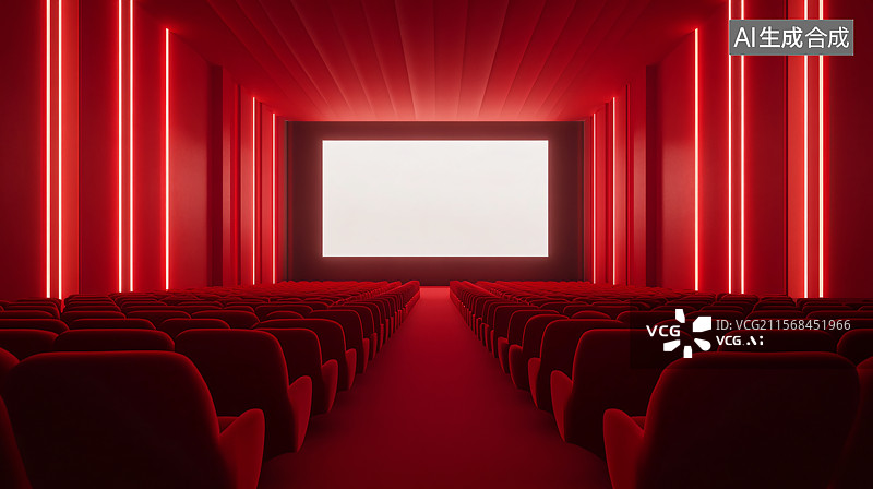 【AI数字艺术】电影院，座位和大屏幕，展示了在宽敞、干净的环境中享受完美观影体验，旨在提供舒适和娱乐。图片素材