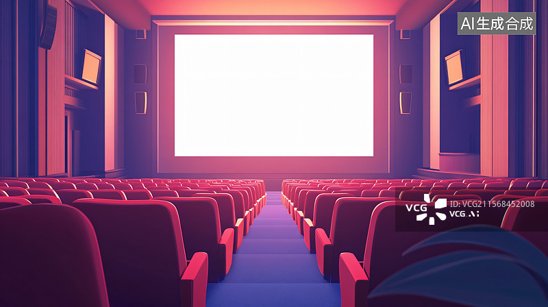 【AI数字艺术】电影院，座位和大屏幕，展示了在宽敞、干净的环境中享受完美观影体验，旨在提供舒适和娱乐。图片素材