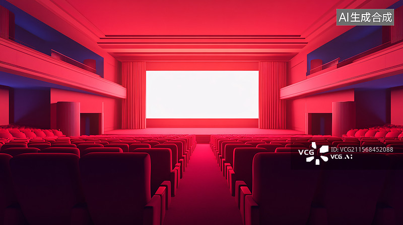 【AI数字艺术】电影院，座位和大屏幕，展示了在宽敞、干净的环境中享受完美观影体验，旨在提供舒适和娱乐。图片素材
