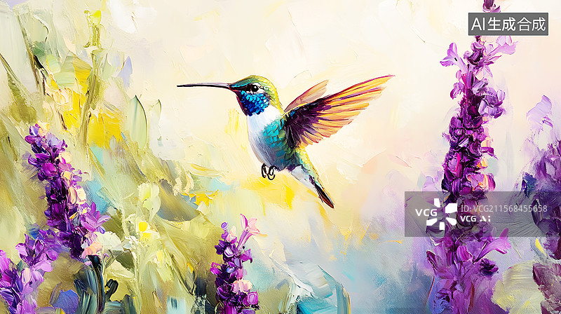 【AI数字艺术】AIGC：鼠尾草丛中的蜂鸟，春天夏天背景图片素材