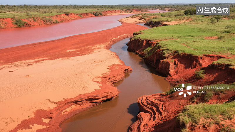 【AI数字艺术】红色河流与绿色草地的景观图片素材