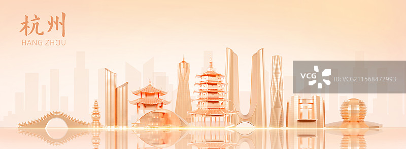 3D渲染的金色杭州城市会议海报杭州地标插画图片素材