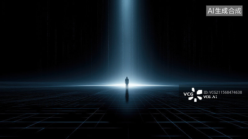 【AI数字艺术】孤独的人站在光束下图片素材