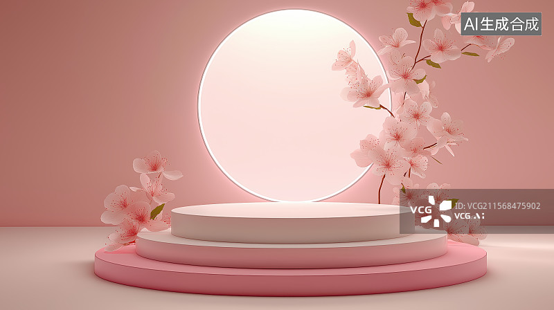 【AI数字艺术】粉色花朵与圆形舞台的展示背景图片素材