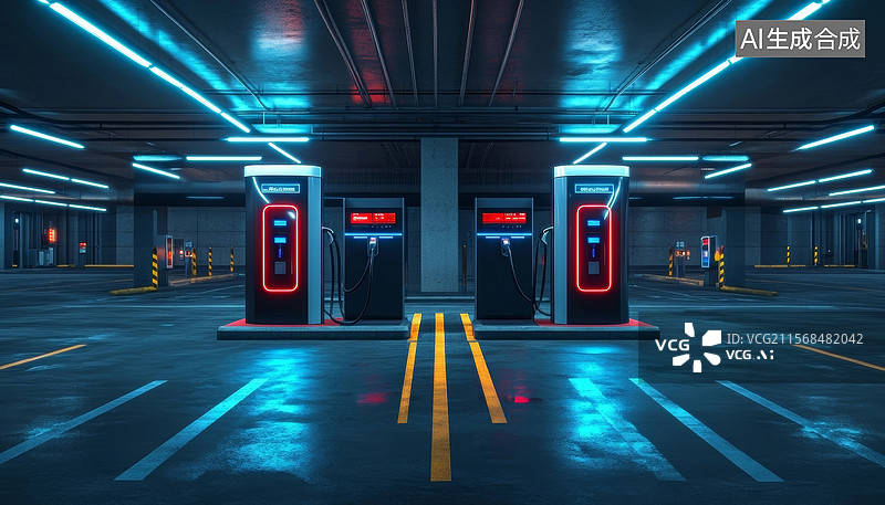 【AI数字艺术】新能源充电桩背景地下停车场图片素材