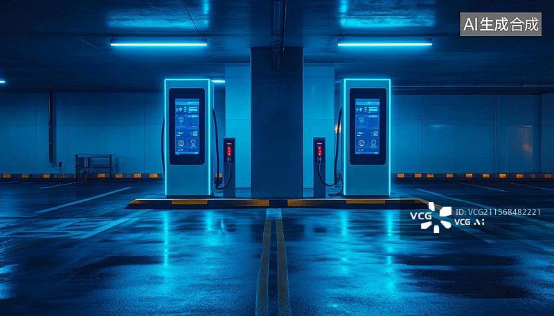 【AI数字艺术】新能源充电桩背景地下停车场图片素材