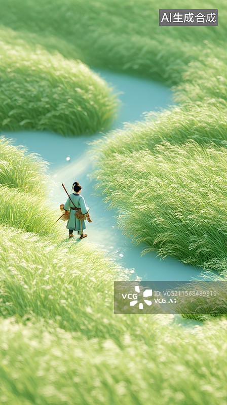 【AI数字艺术】一个古人走在绿色麦田的小径上图片素材