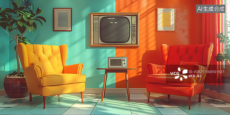 【AI数字艺术】艺术空间中的沙发设计 室内样板房家居设计 复古霓虹彩色设计图片素材