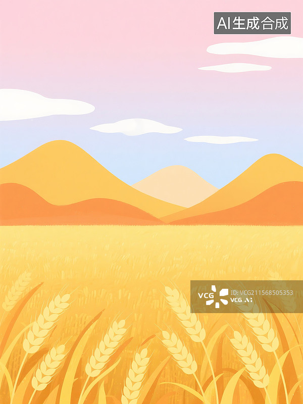 【AI数字艺术】简约扁平化小满节气麦田插画图片素材